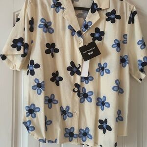New Marimekko Uniqlo Cream Top with Blue and Black Floral Design